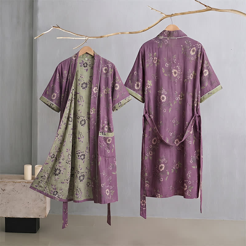 Cotton Vintage Purple Floral Kimono Robe - image 1