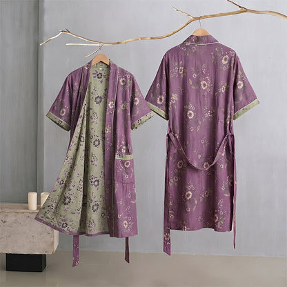 Cotton Vintage Purple Floral Kimono Robe - image 1
