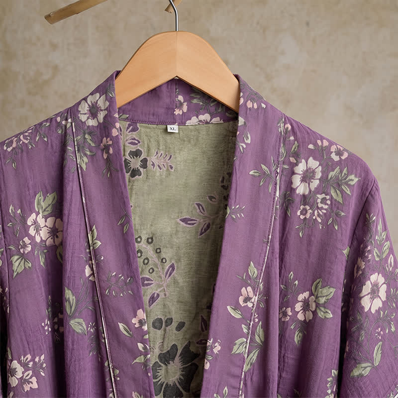 Cotton Vintage Purple Floral Kimono Robe - image 4