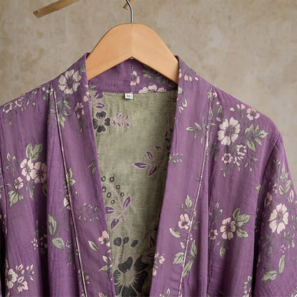Cotton Vintage Purple Floral Kimono Robe - image 4