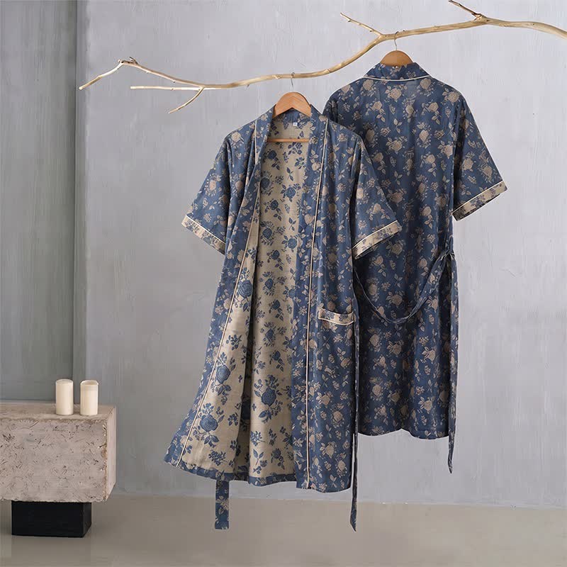 Indigo Blue Vintage Floral Kimono Robe - image 1