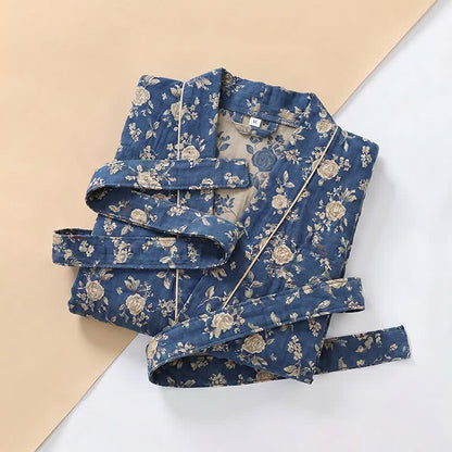 Indigo Blue Vintage Floral Kimono Robe - image 3