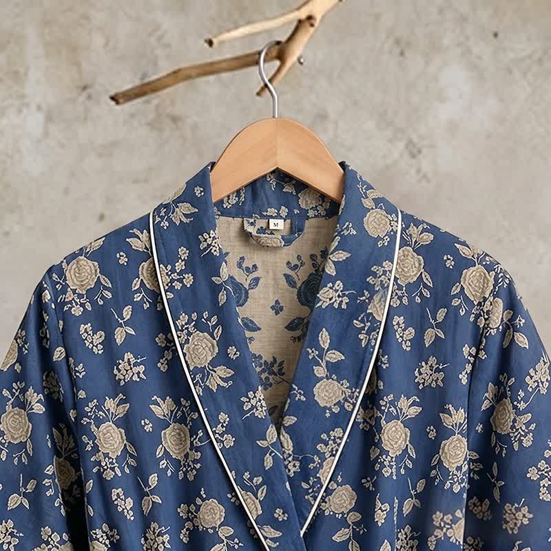 Indigo Blue Vintage Floral Kimono Robe - image 4