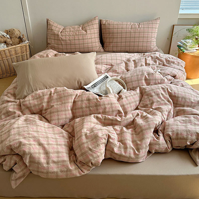 Soft Pink Gingham Cotton Bedding Set - Pink & Brown - King - Fitted Sheet - image 0