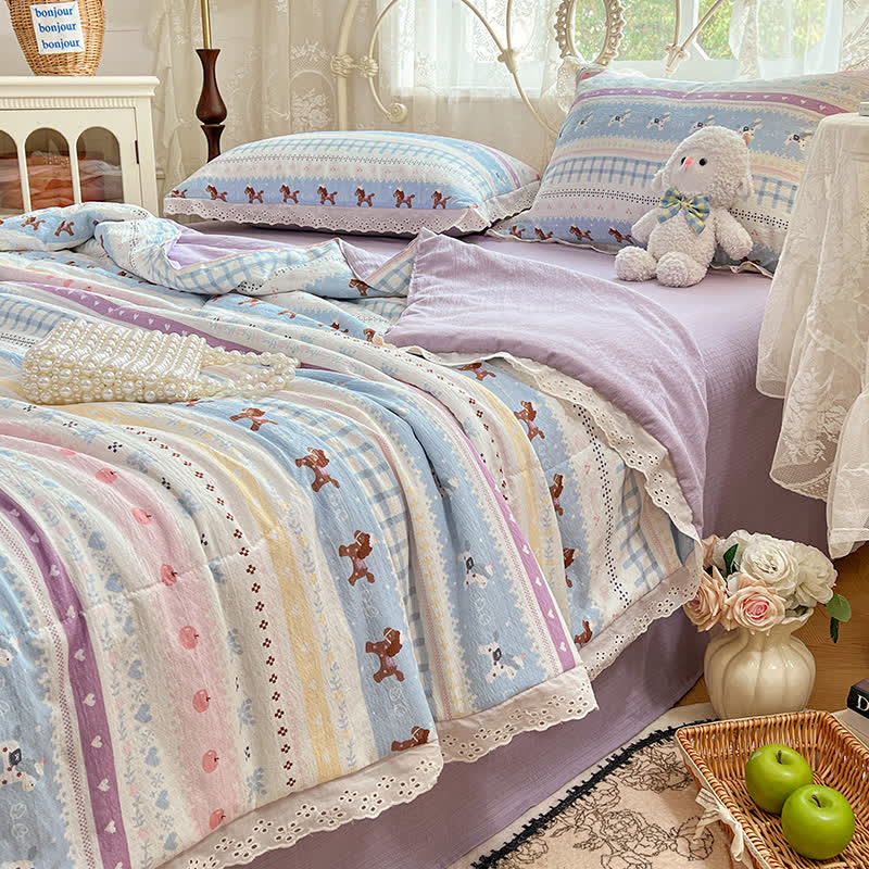 Pastel Lace Trim Cotton Bedding Set - Colorful - Queen - image 1