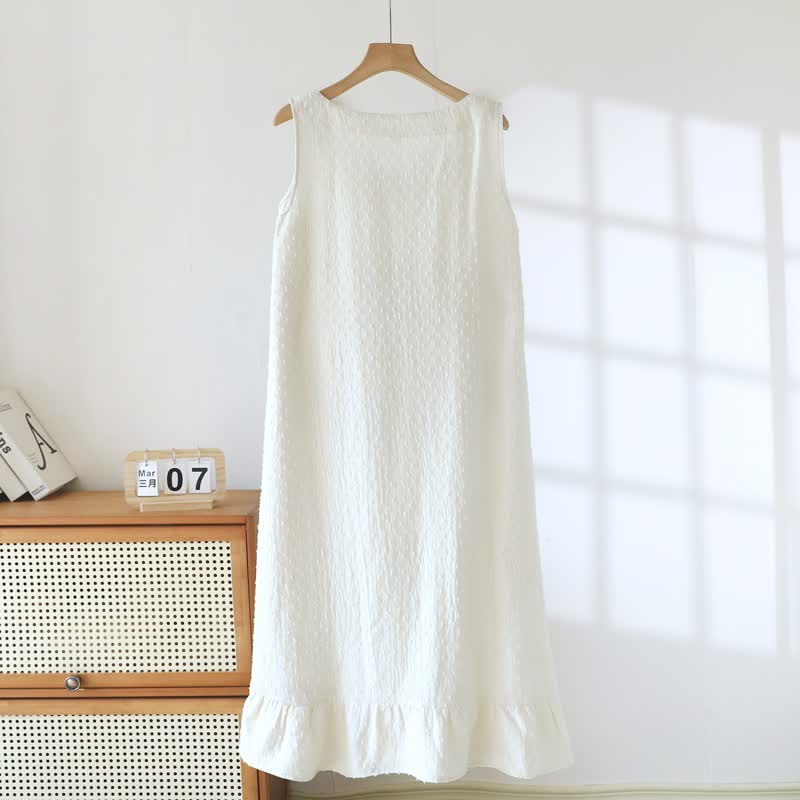 White Cotton Textured Sleeveless Lounge Dress - image 3