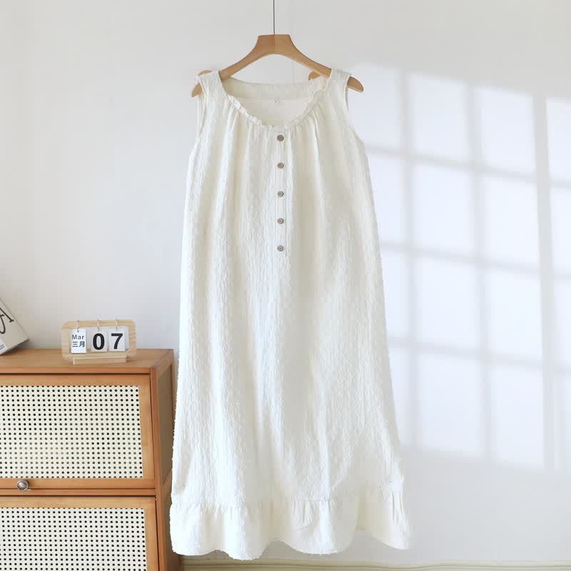 White Cotton Textured Sleeveless Lounge Dress - image 1