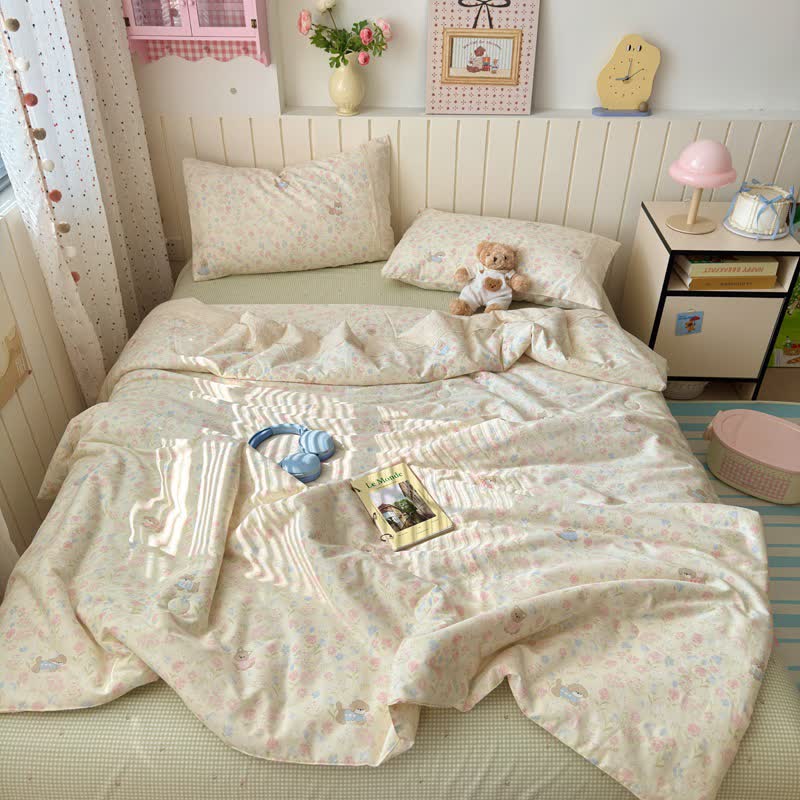 Cream Floral Lace Trim Cotton Bedding Set - image 1