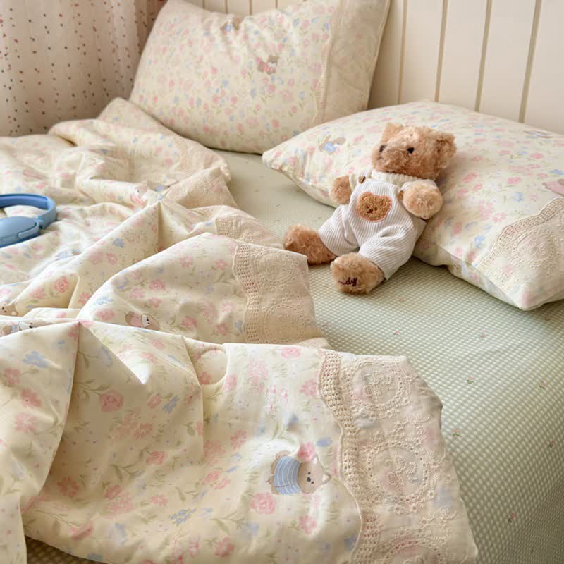 Cream Floral Lace Trim Cotton Bedding Set - image 2