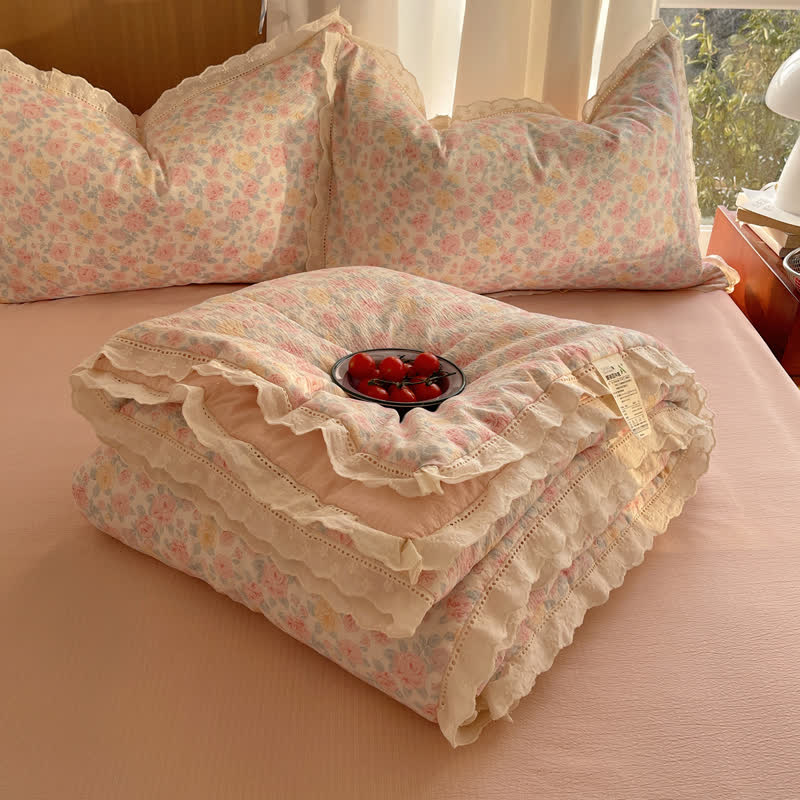 Blush Rose Ruffle Lace Summer Bedding Set - Pink - Queen - Bedding Set - image 0