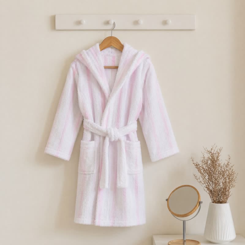 Pink Stripe Cotton Kids Hooded Bathrobe - Pink - Kids' Size: 140-155cm (55-61in) - image 0