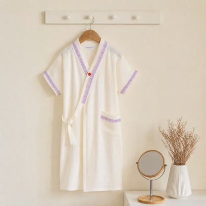 Ruffle Trim Kids' Cotton Muslin Robe - White - Kids' Size: 150cm (59in) - image 9