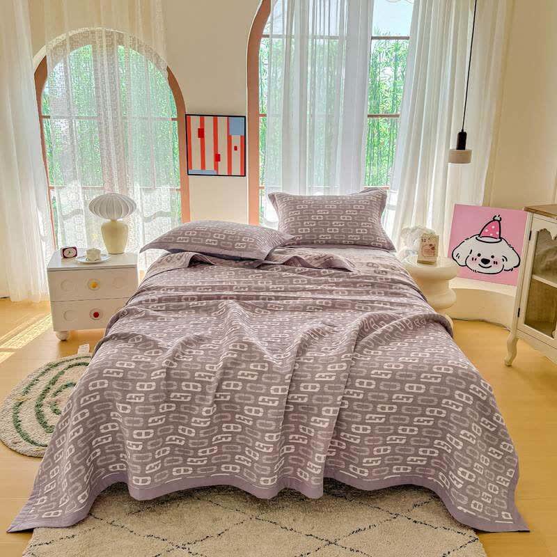 Geometric Jacquard Cotton Double Gauze Quilt - Purple - Quilt with 2PCS Pillow Towels - King - image 0