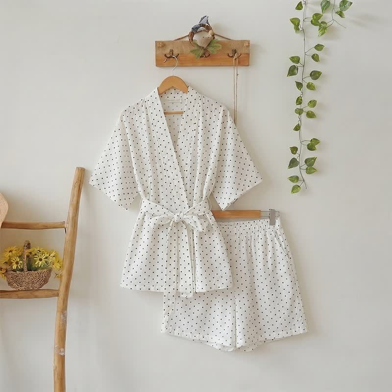 Polka Dot Cotton Kimono Pajama Set - White - L - image 0