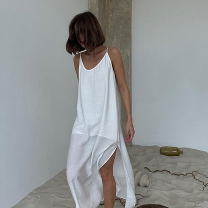 Solid Color Side Slit Lounge Dress - White - L - image 2