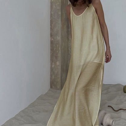 Solid Color Side Slit Lounge Dress - Khaki - L - image 10