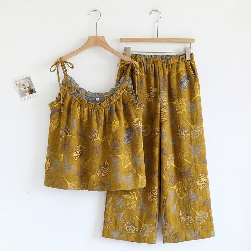 Ginkgo Cami Top & Pants Pajama Set - Dark Yellow & Light Gray - XL - image 10