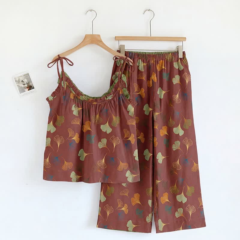 Ginkgo Cami Top & Pants Pajama Set - Wine & Green - XL - image 19
