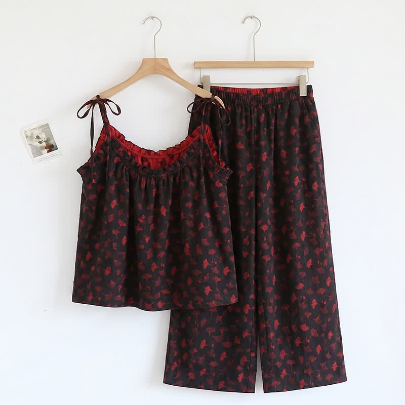 Ginkgo Biloba Leaf Cami Pajama Set - Black & Red - XL - image 13