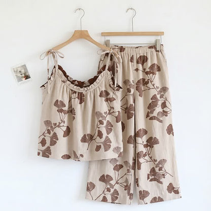 Elegant Ginkgo Cami Cotton Pajama Set - Beige & Coffee - XL - image 8