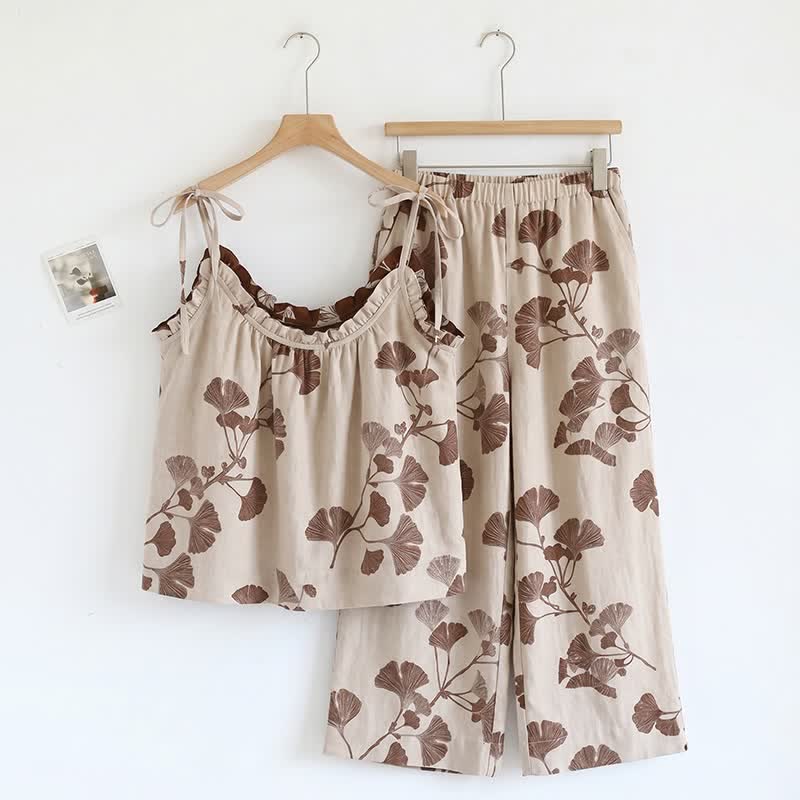 Elegant Ginkgo Cami Cotton Pajama Set - Beige & Coffee - XL - image 6