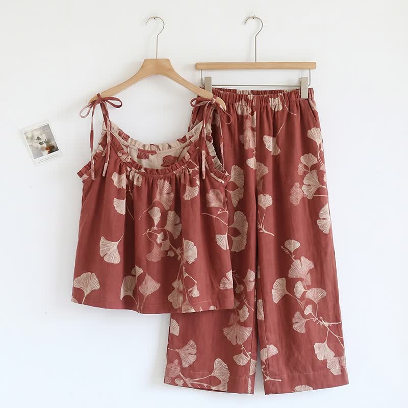 Elegant Ginkgo Cami Cotton Pajama Set - Red & Nude - XL - image 0