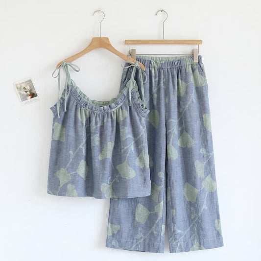 Ginkgo Leaf Cami Ruffled Pajama Set - Blue & Light Green - XL - image 0