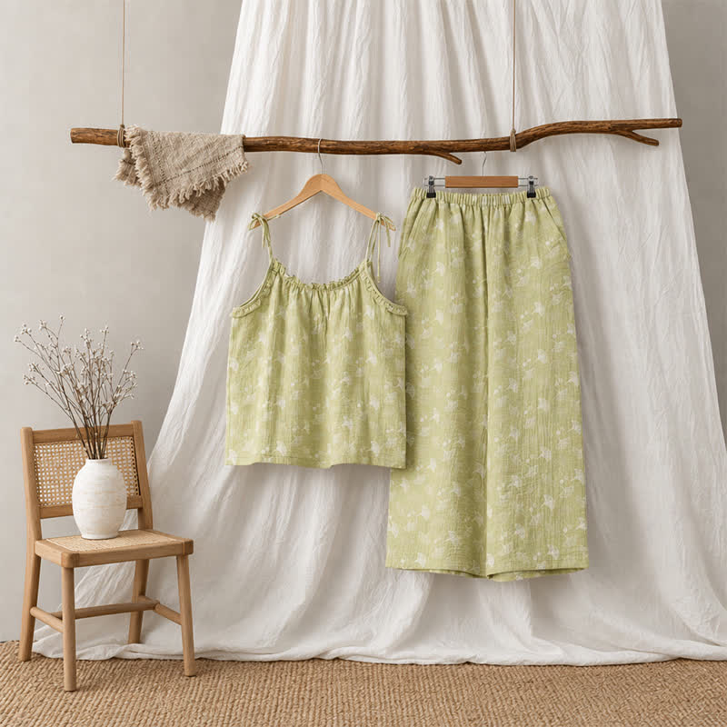 Fresh Ginkgo Leaf Cami Cotton Pajamas - Green - XL - image 2