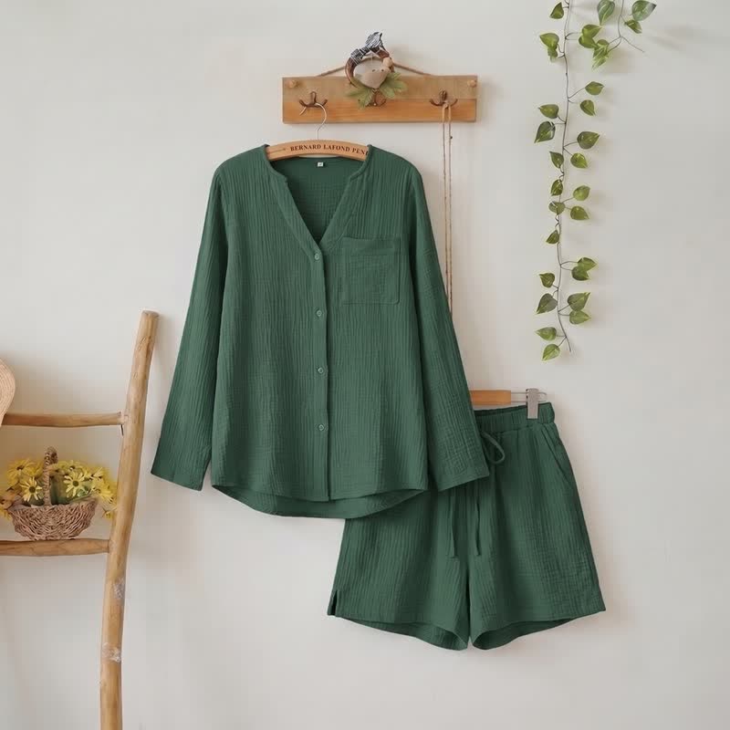 Long Sleeve Top & Shorts Pajama Set - Green - L - image 15