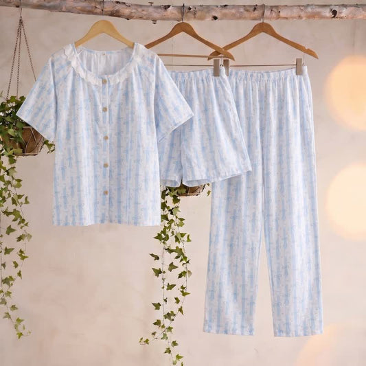 Blue Bow Print Cotton Ruffle Pajamas(3PCS) - Blue - XL - image 0