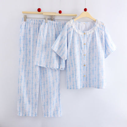 Blue Bow Print Cotton Ruffle Pajamas(3PCS) - image 1