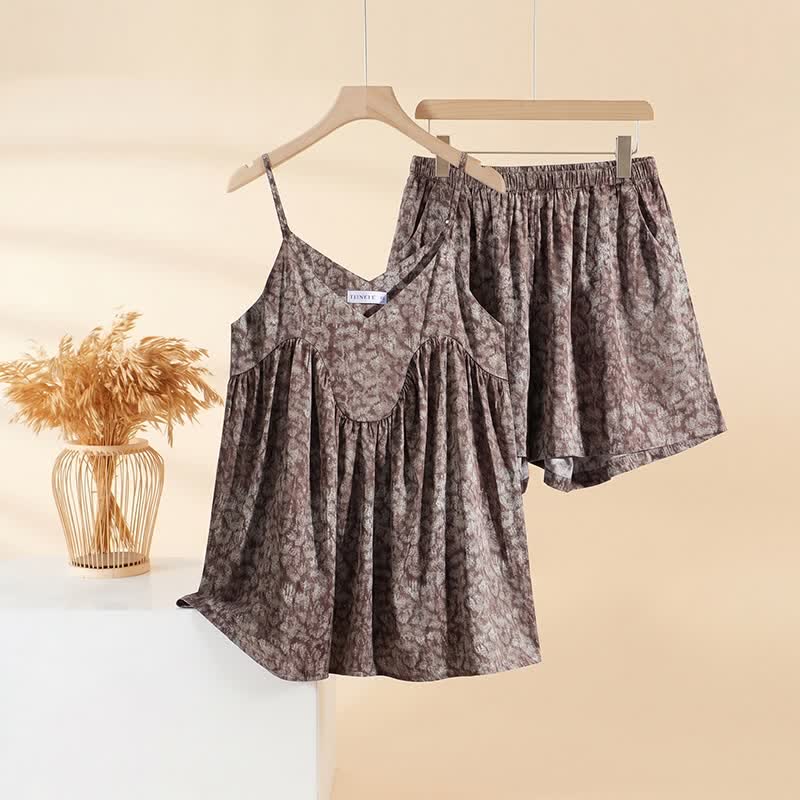 Vintage Print Cami & Shorts Pajama Set - Brown - XL - image 0