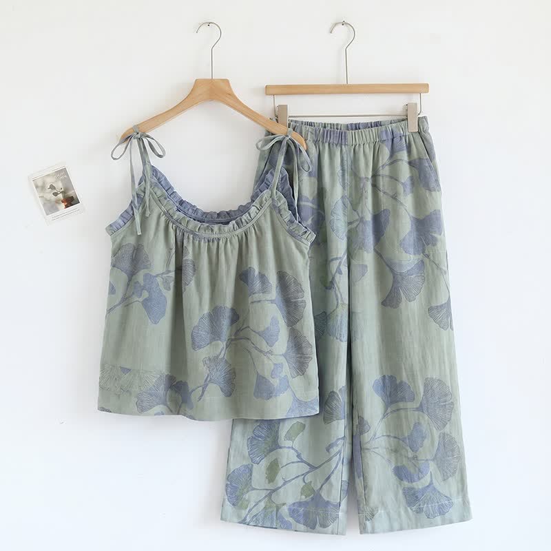 Ginkgo Leaf Cami Ruffled Pajama Set - Light Green & Blue - XL - image 4