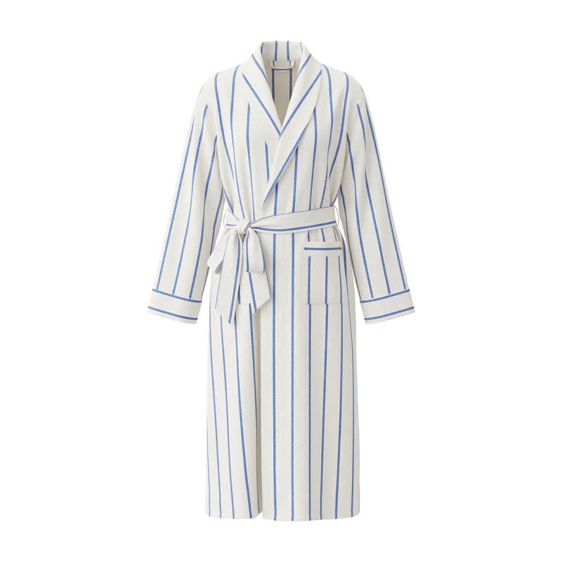 Blue Striped Cotton Long Bathrobe with Belt & Pockets - image 1