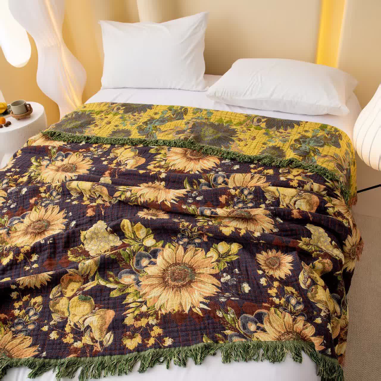 Vintage Sunflower 4-Layer Muslin Blanket Quilt - image 1