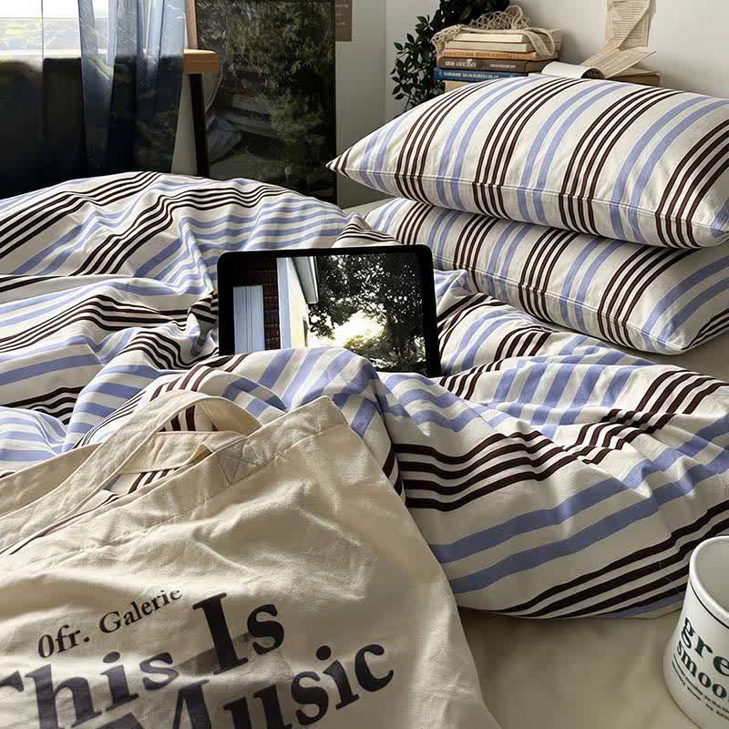 Retro Blue Brown Striped Cotton Bedding Set - image 2