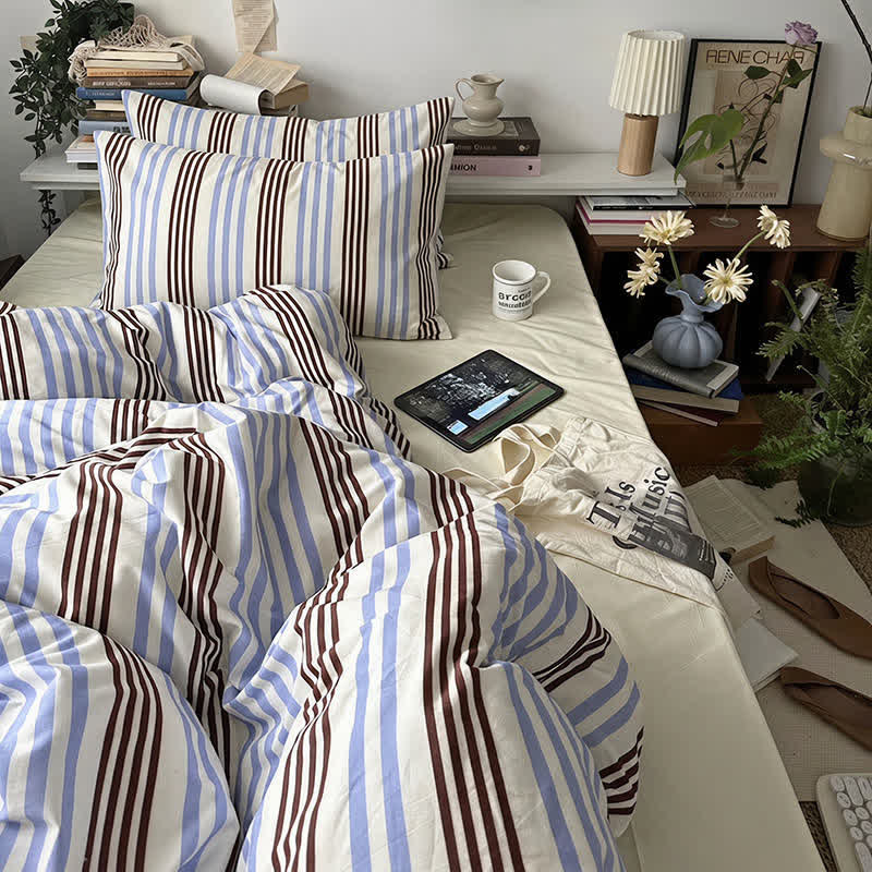 Retro Blue Brown Striped Cotton Bedding Set - image 1