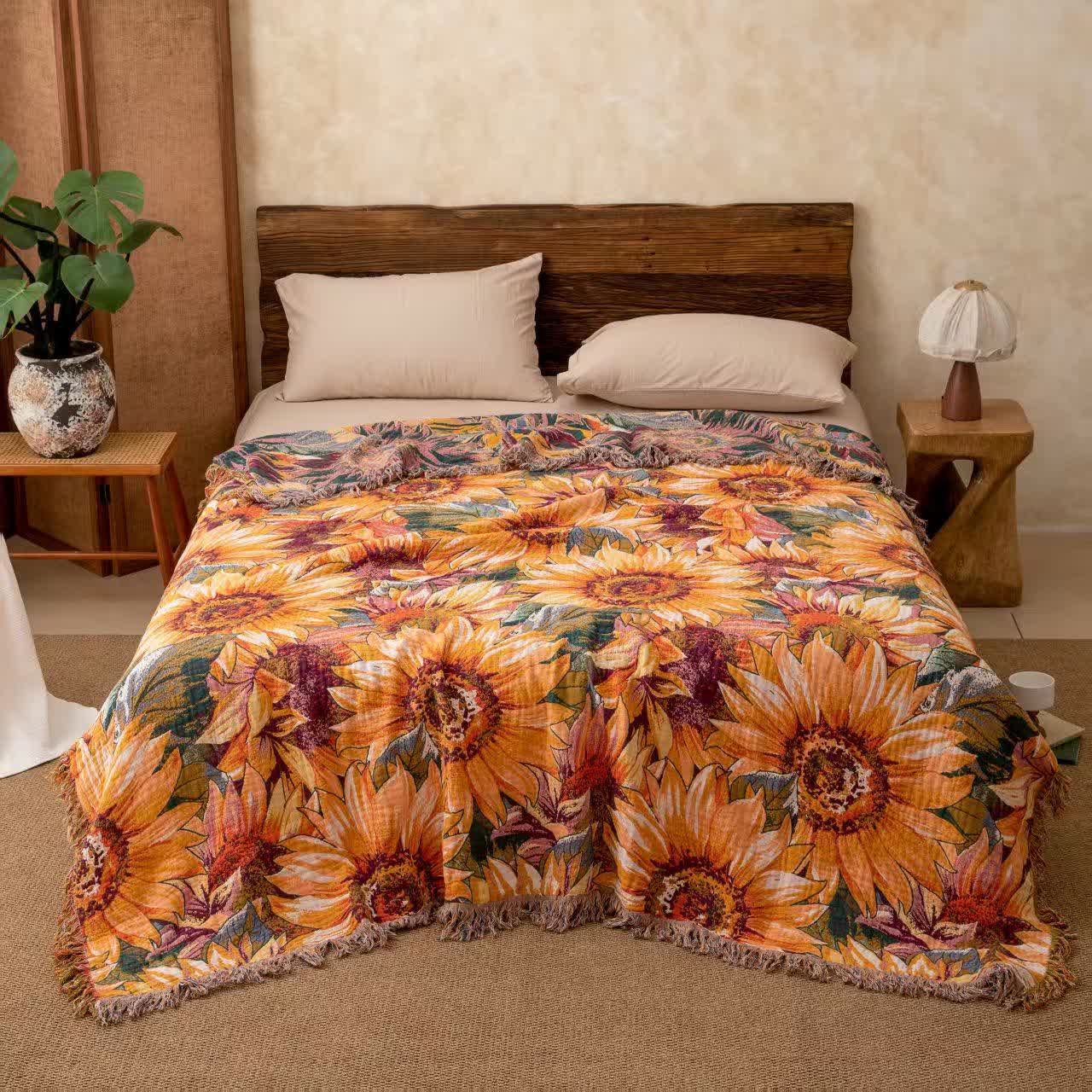 Boho Sunflower Cotton Gauze Bedspread Quilt - image 1