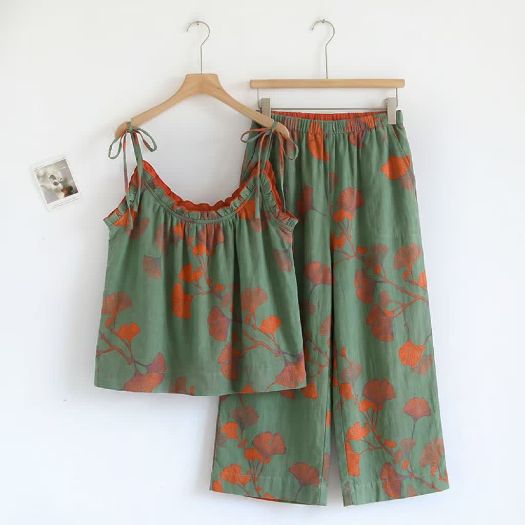 Ginkgo Leaf Cami Ruffled Pajama Set - Green & Orange - XL - image 8