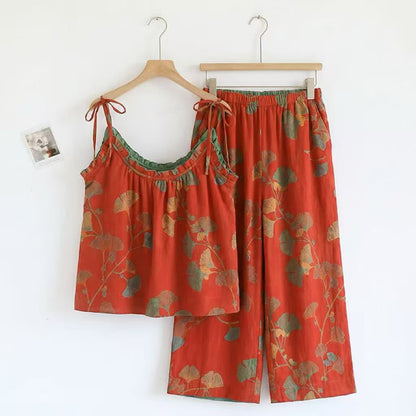 Ginkgo Leaf Cami Ruffled Pajama Set - Orange & Green - XL - image 11