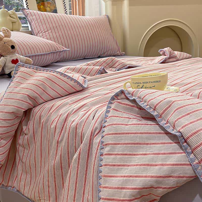 Modern Soft Striped Knit Cotton Bedding Set - Red - Queen - Bedding Set(4PCS) - image 0