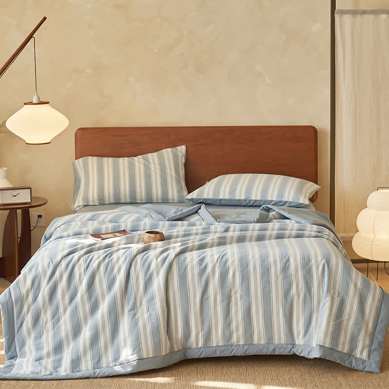 Light Blue Striped Double Gauze Bedding Set - Blue - Queen - Bedding Set (4PCS) - image 0