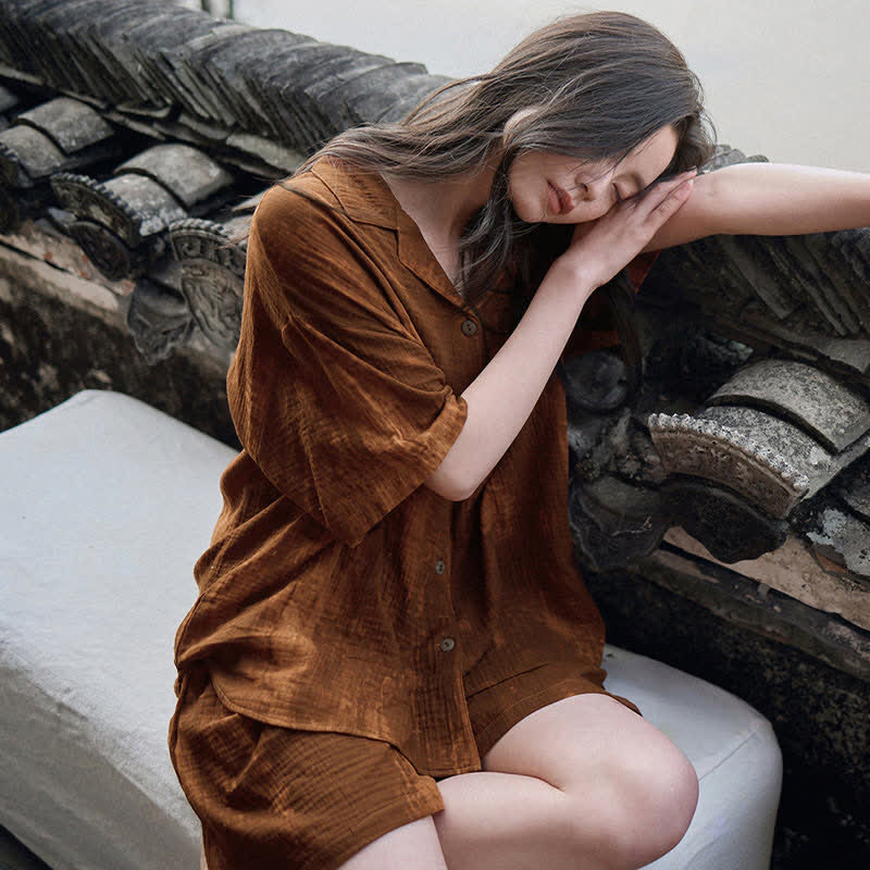 Rust Brown Matching Couple Cotton Pajamas - Women - XL - image 7