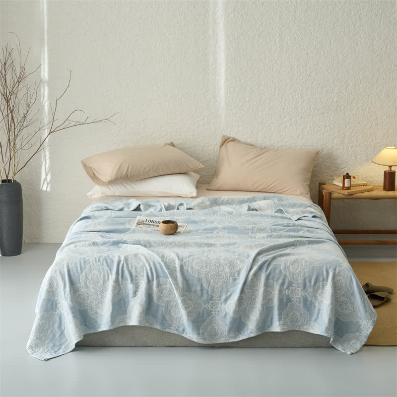 Vintage Damask Cotton 3-Layer Muslin Throw Quilt - Blue - Queen - image 2