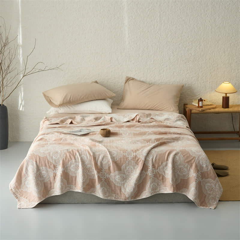 Vintage Damask Cotton 3-Layer Muslin Throw Quilt - Camel - Queen - image 0