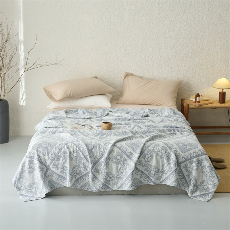 Retro Plaid Flower 3-Layer Muslin Throw Quilt - Gray Blue - Queen - image 2