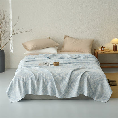 Retro Plaid Flower 3-Layer Muslin Throw Quilt - Light Blue - Queen - image 4