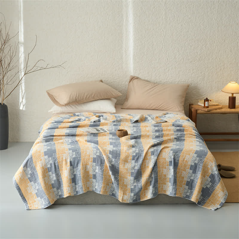 Geometric Cotton Muslin Reversible Blanket Quilt - Yellow - Queen - image 0