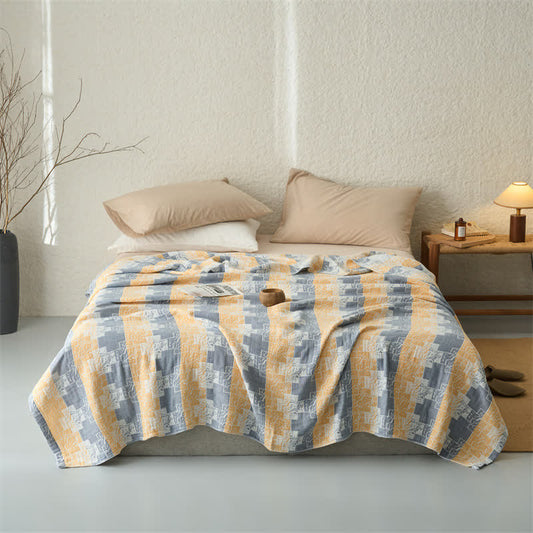 Geometric Cotton Muslin Reversible Blanket Quilt - Yellow - Queen - image 0