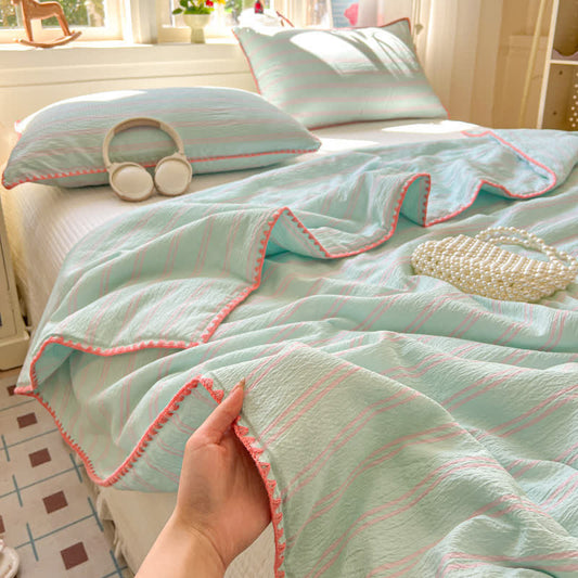Mint Striped Trim Crinkled Knitted Cotton Quilt - Green - Queen - image 0